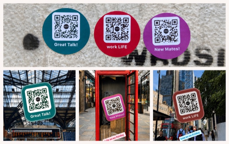 Gatherby QR stickers photographed around Liverpool Street, Spitalfields and central London